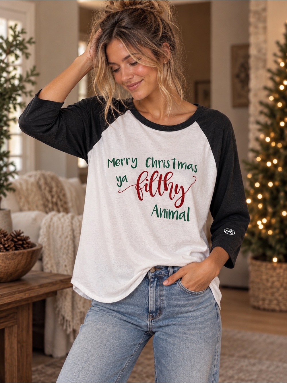 Rawlings Merry Christmas Ya Filthy Animal Raglan Baseball Tee M